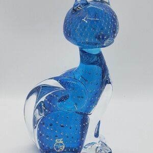 𝅺Murano Vecchia Clear Blue & Gold Flecks Art Glass Cat Figurine or Paperweight